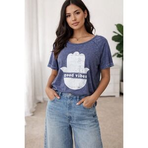 Grayson Threads Womens Blue Hamsa Boho Good Vibes Graphic Tee Size L Retro Chic